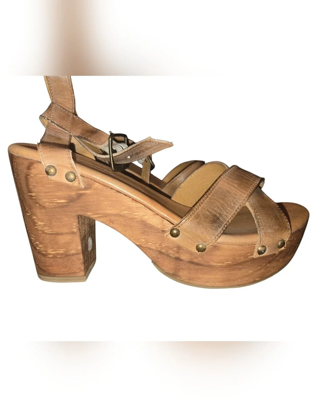 Bed Stu Wood Platform Wedge Sandals — Brown Leather Crisscross Straps, Buckle St